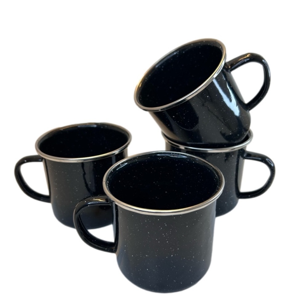 Black Enamelware Mugs With Silver Trim Set of 4 Outdoors Camp Cups